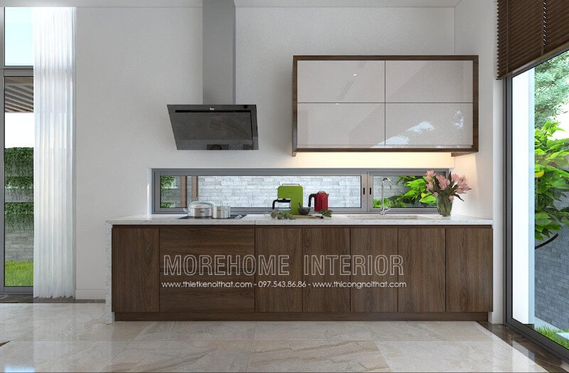 Tủ bếp hiện đại với sự kết hợp hài hòa giữa 2 tone màu trắng và nâu óc chó chủ đạo mang lại không gian nội trợ sang trọng và cuốn hút Tủ bếp hiện đại, tủ bếp chữ u, tủ bếp chữ i, tủ bếp chữ l