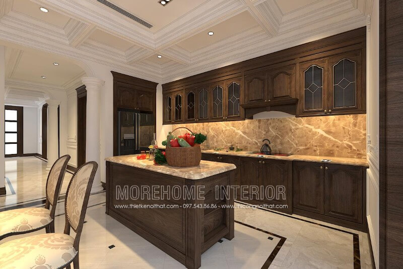 Sản phẩm tủ bếp chữ i gỗ óc chó tân cổ điển đang được Morehome thiết kế và sản xuất Tủ bếp hiện đại, tủ bếp chữ u, tủ bếp chữ i, tủ bếp chữ l