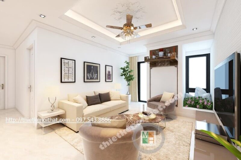 Thiết kế nội thất phòng khách chung cư hiện đại kết hợp cách bài trí đồ đạc khoa học, ngôi nhà vẫn thật rộng rãi, sáng sủa và thoáng đãng. Thiết kế phòng khách chung cư