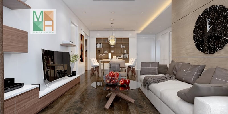 Trang trí phòng khách chung cư hiện đại với đồ nội thất nhỏ gọn tiện nghi: đồng hồ treo tường độc đáo, kệ ti vi, bộ sofa màu trắng Thiết kế phòng khách chung cư