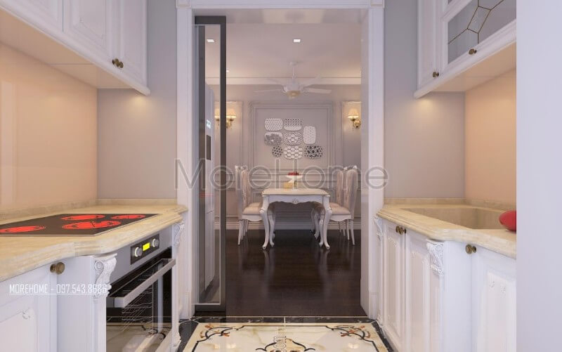 Nội thất phòng bếp chung cư được bố trí khoa học giúp cho người nội trợ dễ dàng hơn trong quá trình nấu nướng, di chuyển. Thiết kế nội thất phòng bếp