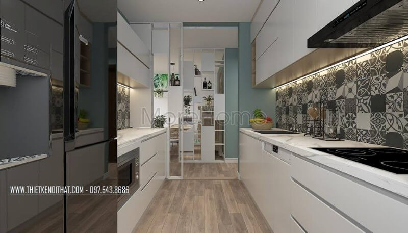 Căn hộ sở hữu diện tích tương đối nhỏ, thiết kế bếp âm tường tiết kiệm diện tích, đồ nội thất đa năng đáp ứng nhu cầu người nội trợ. Thiết kế nội thất phòng bếp