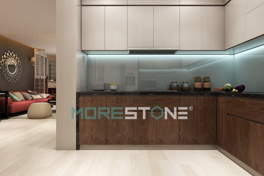 Mẫu đá ốp bếp đen chỉ trắng phù hợp với tất cả không gian bếp chung cư, biệt thự.