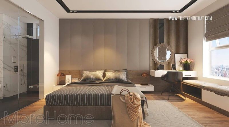 Giường ngủ gỗ công nghiệp thiết kế hiện đại phù hợp với không gian.