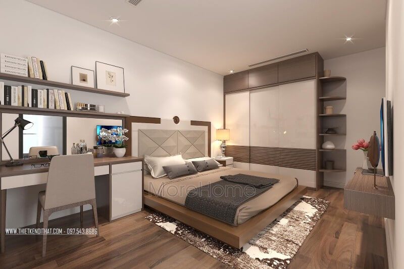 Giường ngủ gỗ công nghiệp được thiết kế khá thanh mảnh và thông minh tạo cho không gian phòng thông thoáng hơn