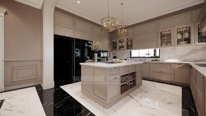 Tủ bếp chữ U gỗ tự nhiên cao cấp tạo vẻ đẹp sang trọng cho không gian nhà phố, biệt thự.