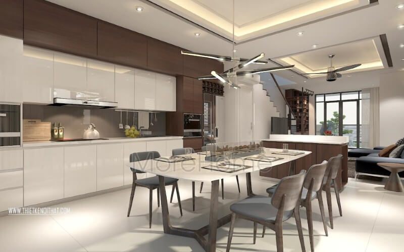 Nội thất phòng bếp với các vật liệu nhẹ như gỗ công nghiệp và kính cường lực cao cấp giúp không gian nấu nướng trở nên sang trọng và rộng thoáng hơn rất nhiều