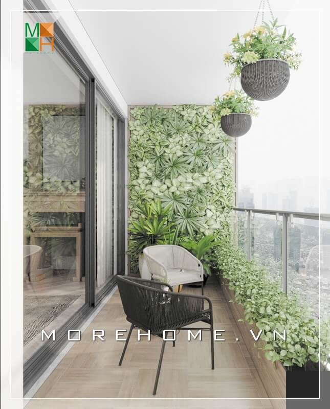 Mẫu thiết kế ban công cho chung cư đơn giản được bố trí thêm những chậu cây xanh tạo cho không gian thư giãn sự tươi mát, relax