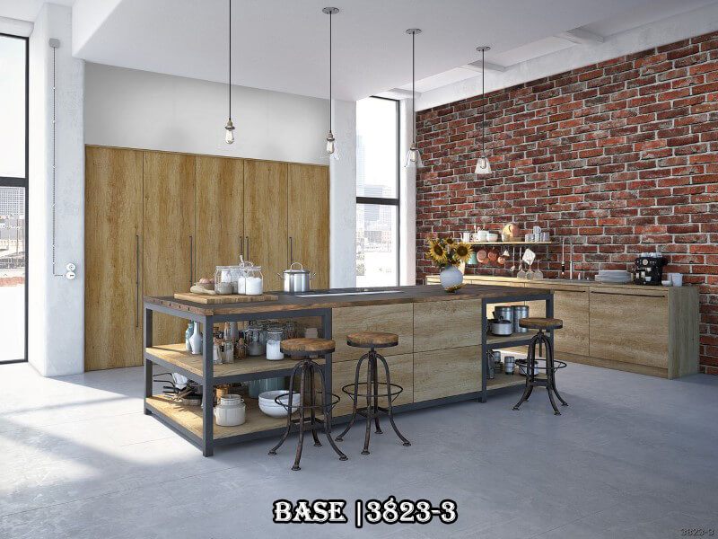 Giấy dán tường giả gạch 3823-3 mang đến sự mộc mạc ấm áp chjo gian bếp nhà bạn.