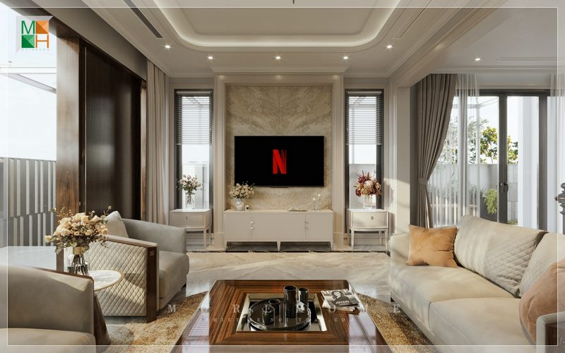 Đá ốp vách tivi với vẻ ngoài sáng bóng góp phần mang đến sự tiện nghi và ấn tượng cho không gian phòng khách của mỗi gia đình.