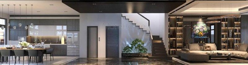 Sắp xếp nhà vệ sinh gầm cầu thang, tiểu cảnh độc đáo tạo góc nhìn ấn tượng cho phòng khách liền bếp biệt thự, nhà phố.