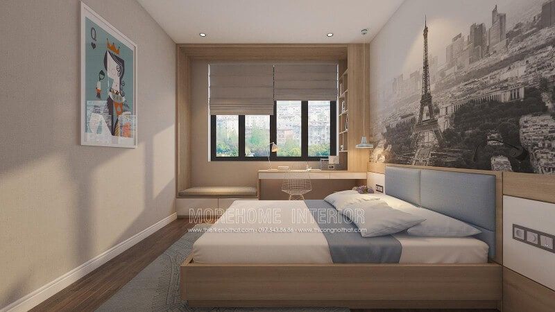 Để tạo nên phòng ngủ hiện đại, bố trí nội thất bao gồm một bàn làm việc hay góc học tập gần cửa sổ đẹp, sang trọng và tiện lợi để ghi chép.