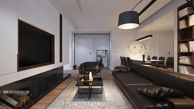 Thiết kế nội thất phòng khách với tone màu đối lập đen trắng hiện đại