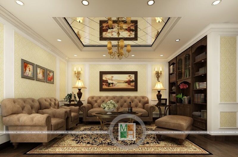 Bộ sofa bọc nỉ cao cấp với các nút trần tạo độ căng cho bề mặt đem lại sự êm ái phù hợp với không gian phòng khách rộng.