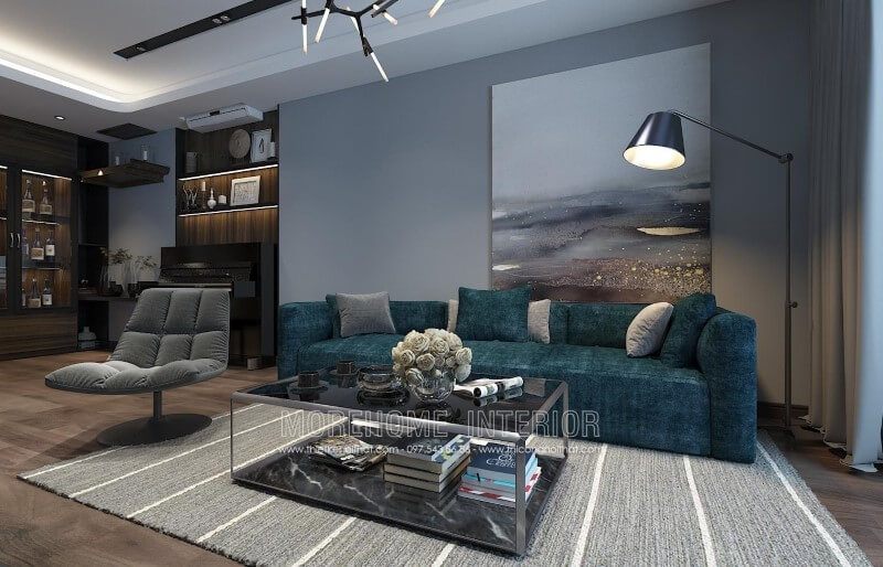 Đơn giản, không cầu kỳ nhưng vẫn toát lên vẻ đẹp cho phòng khách với mẫu sofa hiện đại bọc nỉ màu xanh