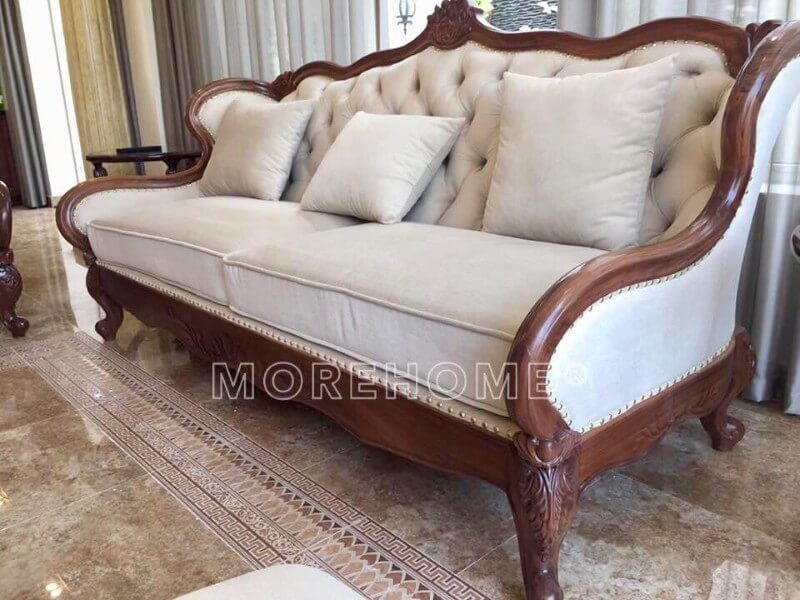 Morehome thi công hoàn thiện nội thất sofa phòng khách gỗ tự nhiên bọc vải sang trọng tại biệt thự flc thanh hóa