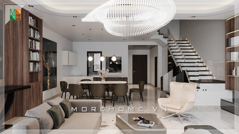 Mẫu thiết kế phòng khách liền phòng ăn rất hiện đại và sang trọng phù hợp cho không gian chung cư, nhà phố, biệt thự