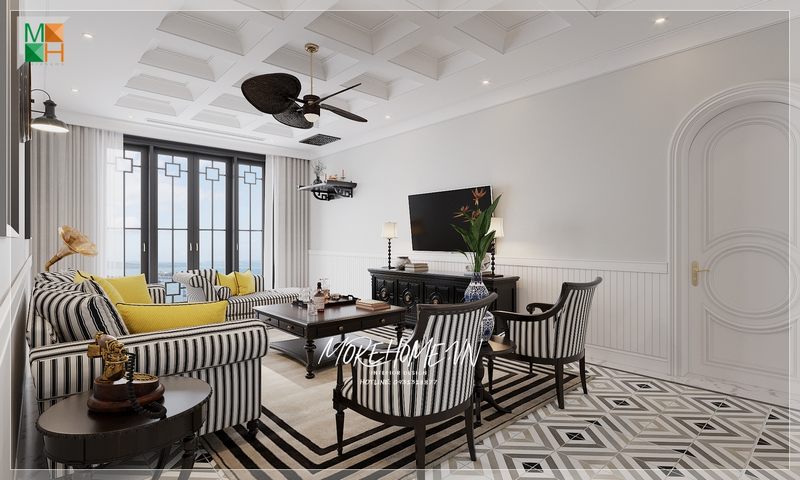 Nội thất phòng khách bằng gỗ tự nhiên được sơn đen kết hợp bọc nỉ Bỉ kẻ sọc làm nổi bật trên không gian phòng màu trắng