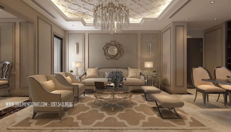 Nguồn cảm hứng thiết kế không gian nội thất phòng khách của phong cách tân cổ điển đầy ấn tượng.