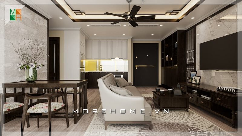 Nội thất phòng khách chung cư được thiết kế theo phong cách tân cổ điển sang trọng, với các đường nét, họa tiết độc đáo.