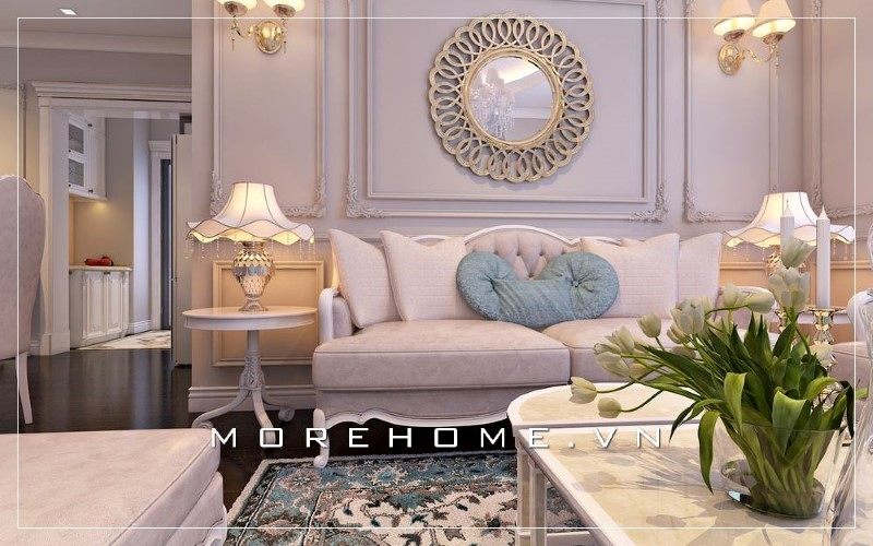 Ghế sofa trong phòng khách được thiết kế theo phong cách tân cổ điển, góp phần nâng cao độ thẩm mỹ của không gian sống của gia đình.